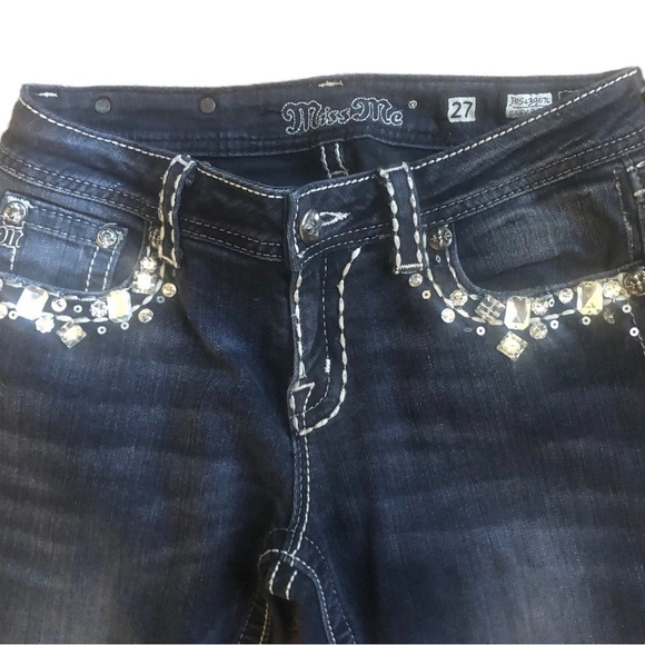 Miss Me Bling Jeans 27X32”Dark Denim Stretch Boot Cut Embellished Back Pockets - Picture 5 of 9